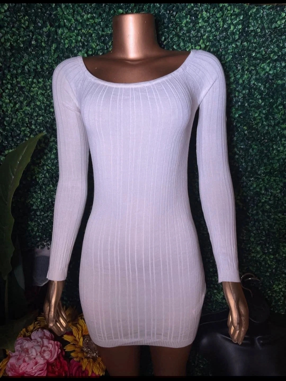 Forever 21 White Ribbed Long-Sleeve Bodycon Dress